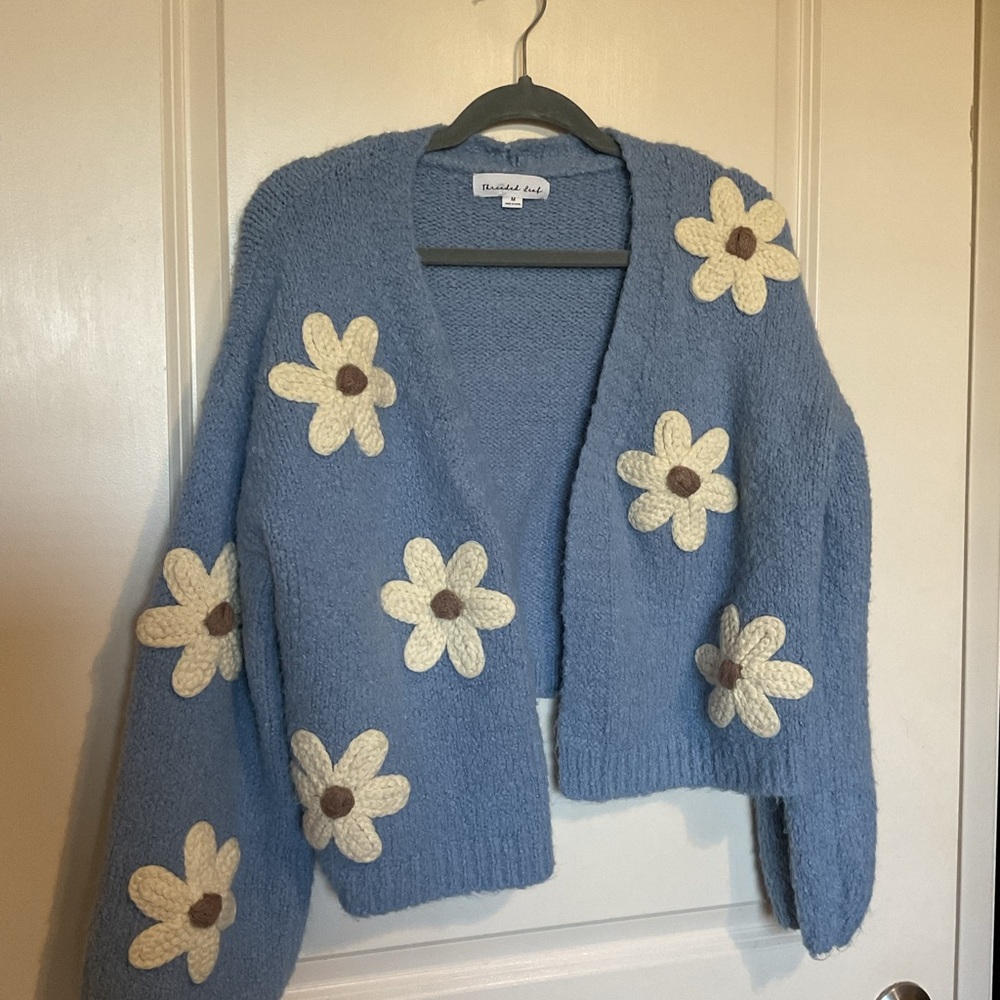 Blue Daisy Crochet-Appliqué Open Cardigan Sweater